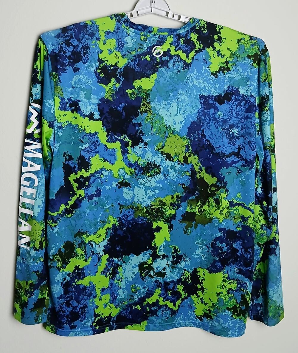 Magellan Outdoors Mens L Performance Fishing Shirt Blue Lime Green Wave Camo LS